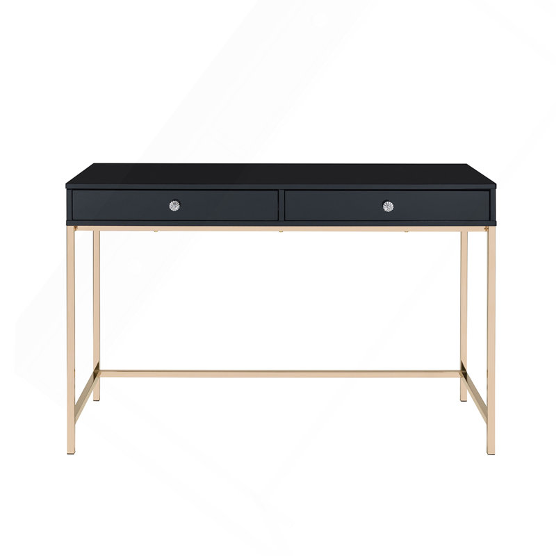 Bureau d'écriture rectangulaire avec 2 tiroirs, noir brillant et doré