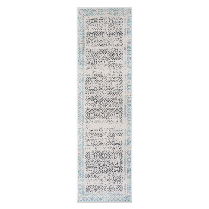 Dionta Moroccan Ivory/Gray/Blue Area Rug, Runner 2' x 7'