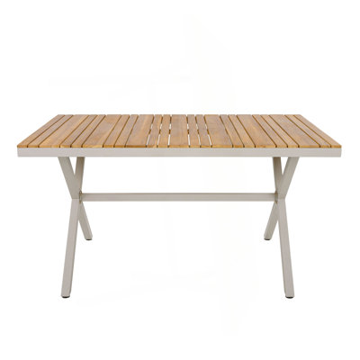 Outdoor 7-Piece Dining Set - Rectangular Teak Wood Table + 6 Wicker Chairs with Cushions, Beige Steel Frame, Teak Finish, Perfect for Patio, Deck, or Garden