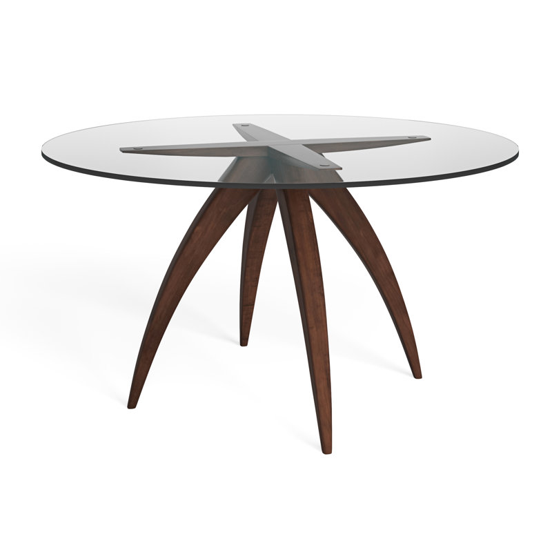LeClaire Round Glass Top Solid Wood Base Dining Table, Java, 29" H x 60" W x 60" D