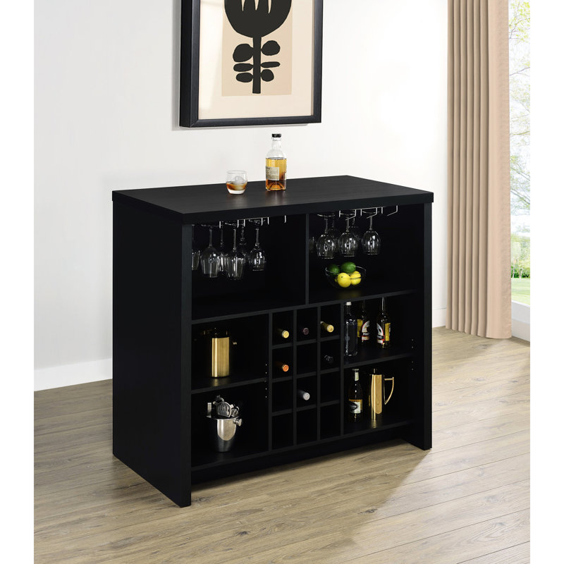 Bar autoportant noir, rangement pour le vin, verres à pied en métal, design contemporain, étagères pour la salle à manger, fêtes