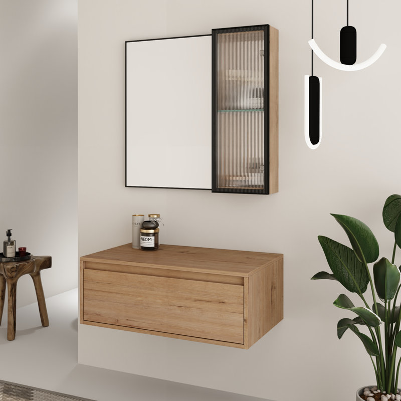Ensemble de meuble-lavabo mural avec miroir et cadre noir avec étagère 30 po Yorenth - Table de maquillage flottante 30 po sans lavabo
