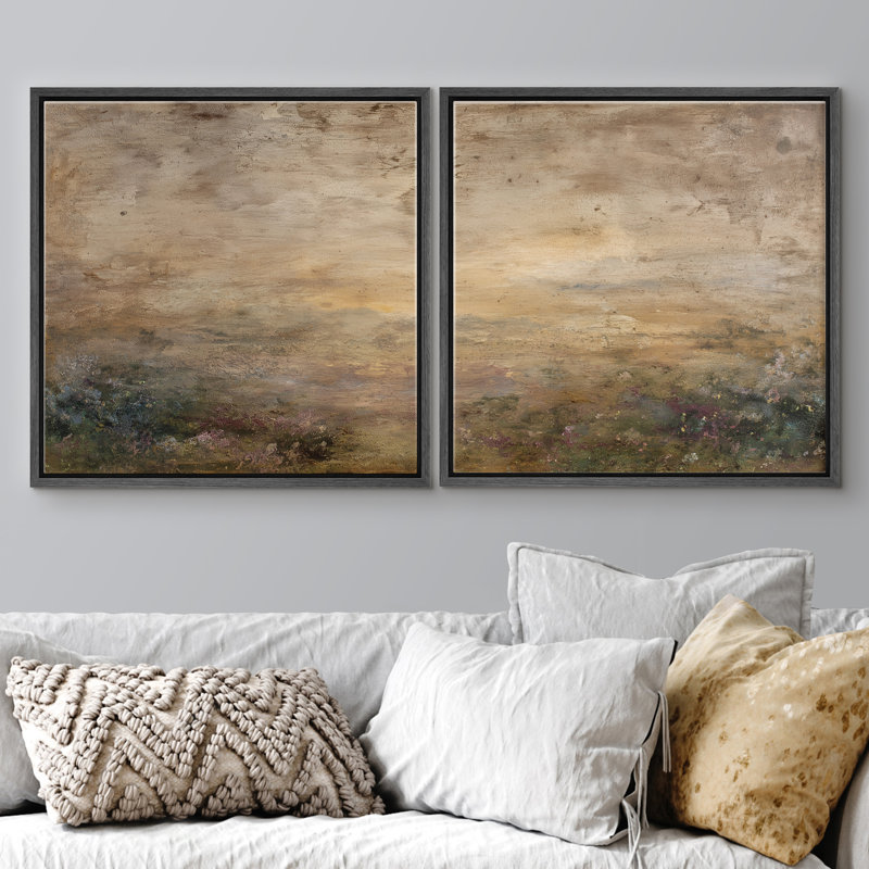 «Rustic Neutral Earth Tone Misty Valley Landscape», reproduction d'art encadrée de la chambre principale, 2 pièces