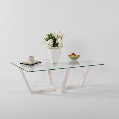 Table basse moderne, blanche, 41,3 po x 13,8 po x 25,6 po | Plateau 100% verre trempé, cadre 100% bois de pin massif | Conception élégante et durable, parfaite pour le salon et les espaces contemporains, facile à nettoyer