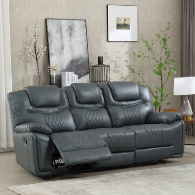 Jepum 86.6" Top-Grain Genuine Leather Manual Reclining Sofa, 3-Seater Spacious Recliner Couch