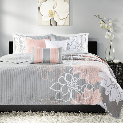 Courtepointe 6 pièces, gris / pêche, double / grand, coton imprimé, confort réversible, accents de coussins brodés, coton imprimé, motif floral, chaleur, lavable à la machine