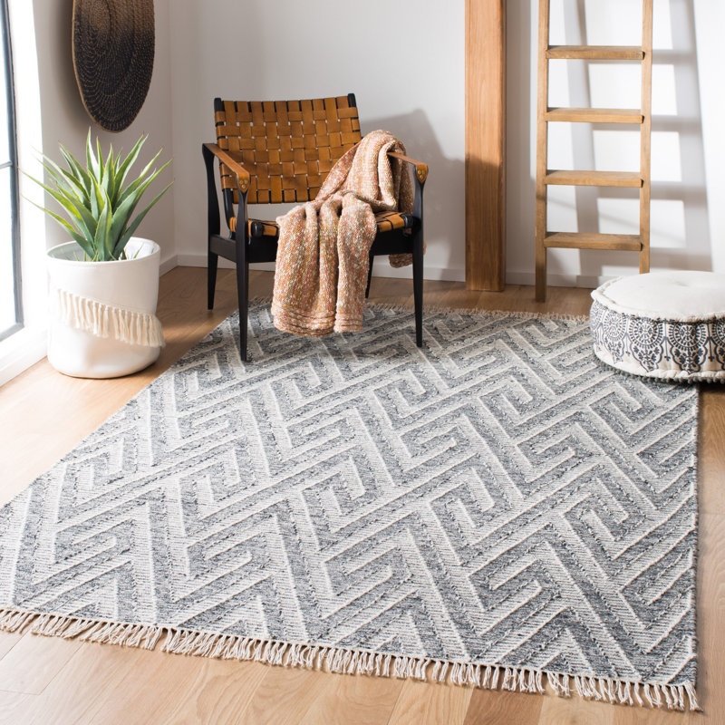 Handmade Black and Cream Wool Cotton Flat Woven Area Rug, 4' x 6'