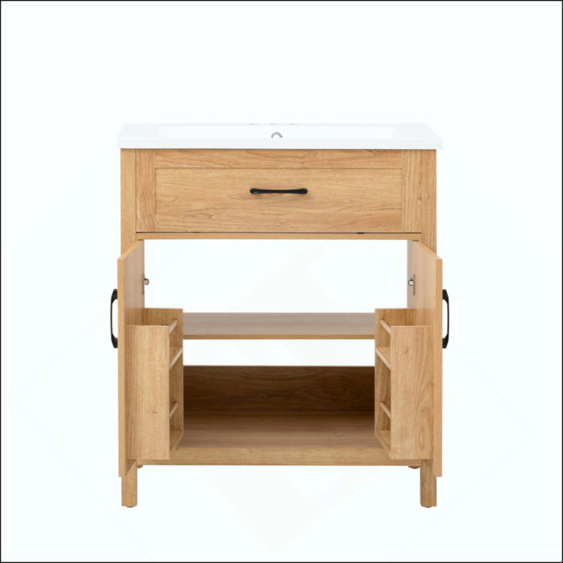 Meuble-lavabo de ferme de 30 pouces avec lavabo en résine, meuble-lavabo à cadre en bois massif, tablette réglable et rangement pour porte