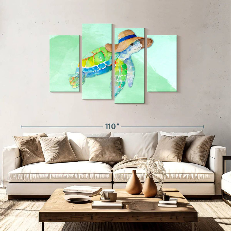 Brampt Turtle With Hat On Watercolor Blue, 48" H x 75" W
