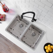 Spazio 33 in Double Bowl Kitchen Sink, 16 Gauge Stainless Steel with Grids  and Square Basket Strainers, by Stylish