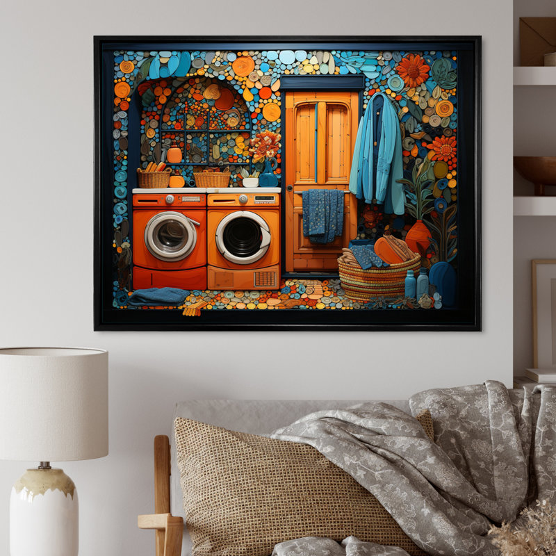 Blanchisserie Popart Room - Art mural, Cadre flottant noir, H 24 po x l 32 po x P 1 po