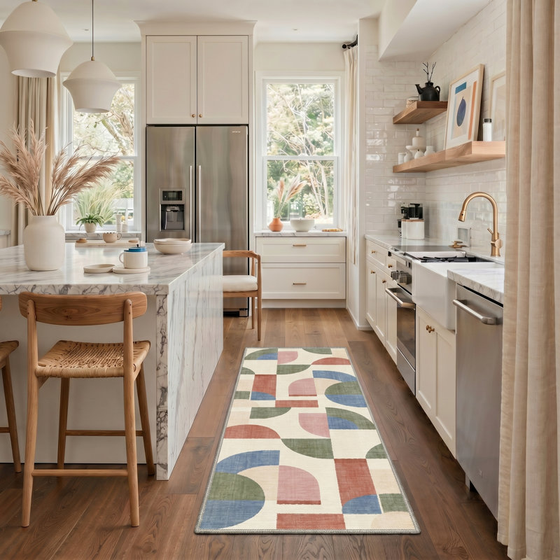 Archeo Geometric Machine Washable Green / Beige / Blue / Red Indoor Area Rug with Non-Slip Backing, Runner 2' x 7'