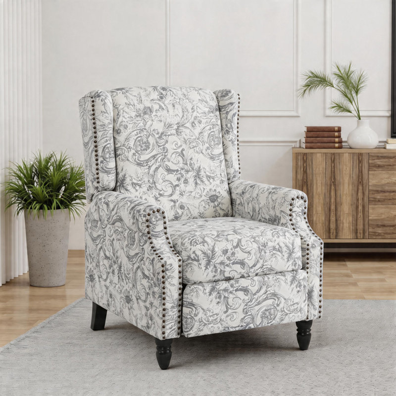 Ameiah 74 cm W Upholstered Wing Back Manual Push Back Recliner with Naihead Trims, Rococo Light Gray Chenille