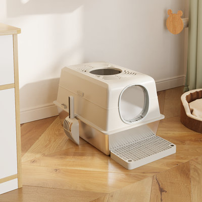 Extra Large Enclosed Stainless Steel Cat Litter Box Enclosure With Lid, Front Dual-door And Top Exit Metal Cat Litter Pan Box