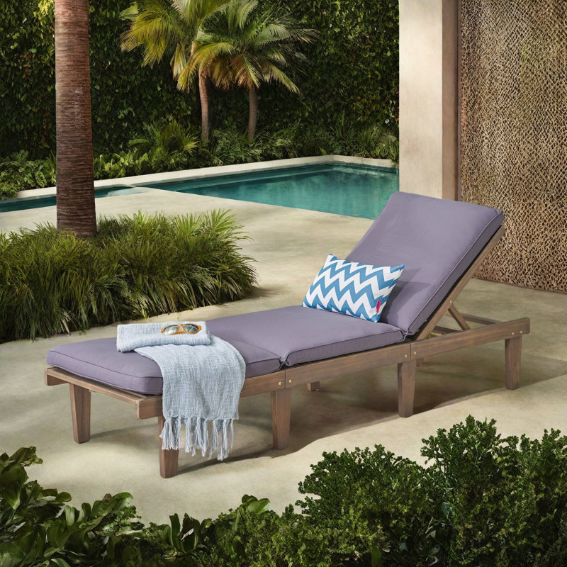 Gray Acacia Wood Outdoor Chaise Lounge with Cushions