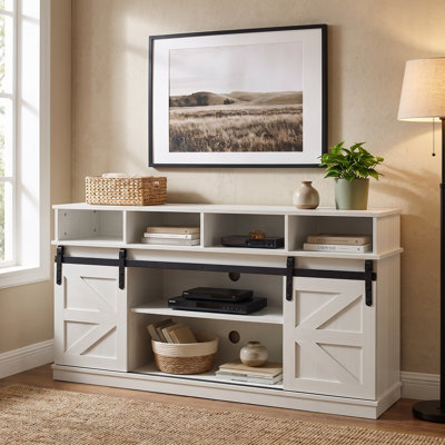 Meuble télé blanc avec porte coulissante de style grange, centre multimédia moderne en bois de style campagnard avec étagères réglables, console de rangement pour salon, compatible avec les téléviseurs jusqu'à 65 pouces.