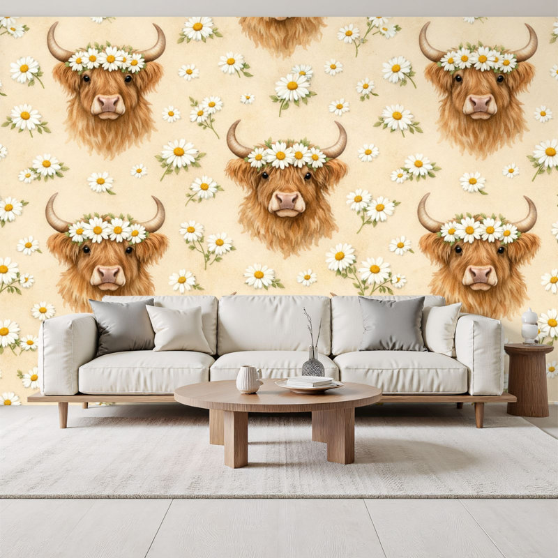 Papier peint auto-adhésif Highland Cow, L 96 po x l 69 po