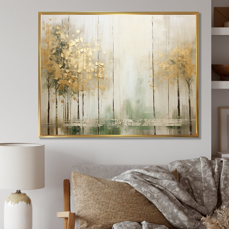 «Minimalisme beige et forêt dorée II», reproduction d'art sur toile, H 24 po x l 32 po x P 1 po, Cadre flottant doré