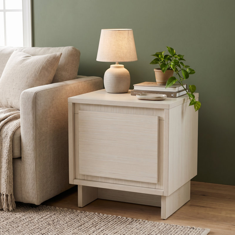 Table de chevet moderne en bois avec tiroir sans poignée, blanc cassé rustique, Blanc cassé rustique