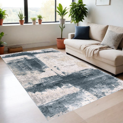 Tapis bleu antidérapant lavable abstrait 4 pi x 6 pi bleu et beige