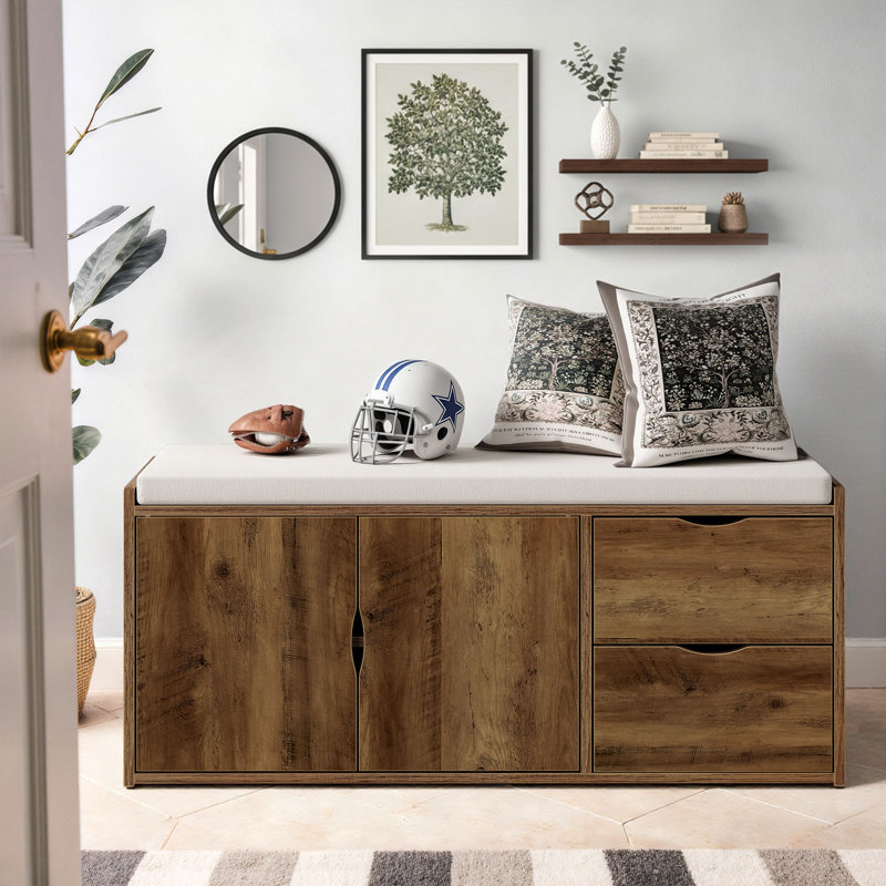 Rustic Shoe Storage Entryway Bench With Cushion Seating, Industrial Wood Shoe Bench With Drawers Cabinet Shelf, Adjustable Shoe Rack Bench, 40 Inch
