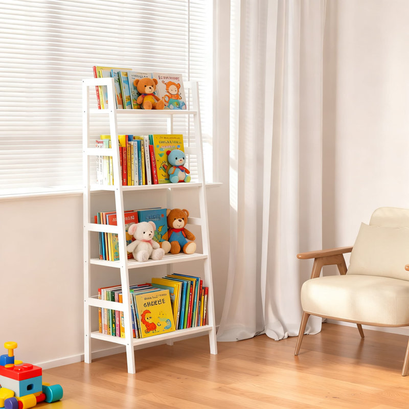 Bibliothèque échelle à 4 niveaux, étagère de rangement autoportante en bambou naturel pour le salon, le bureau personnel, la salle de bain, le rangement compact et le support à plante