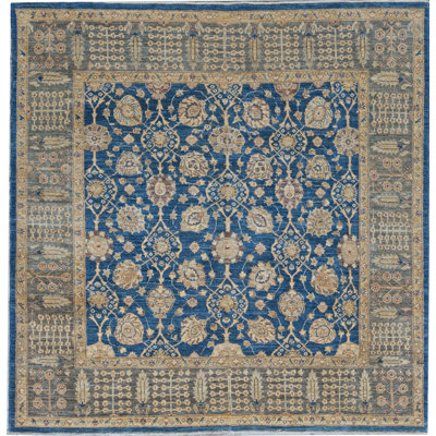 Tapis carré bleu et gris de haute qualité noué à la main Ziegler