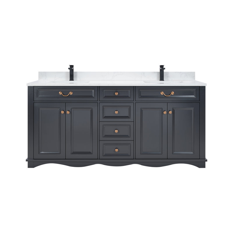 72" Solid Wood Sink Vanity  With 1' Artificial Stone Top, Tricorn Black