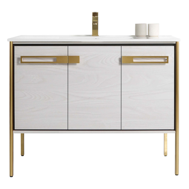 Meuble-lavabo simple 42 po, Laiton satiné, Chêne gris doux