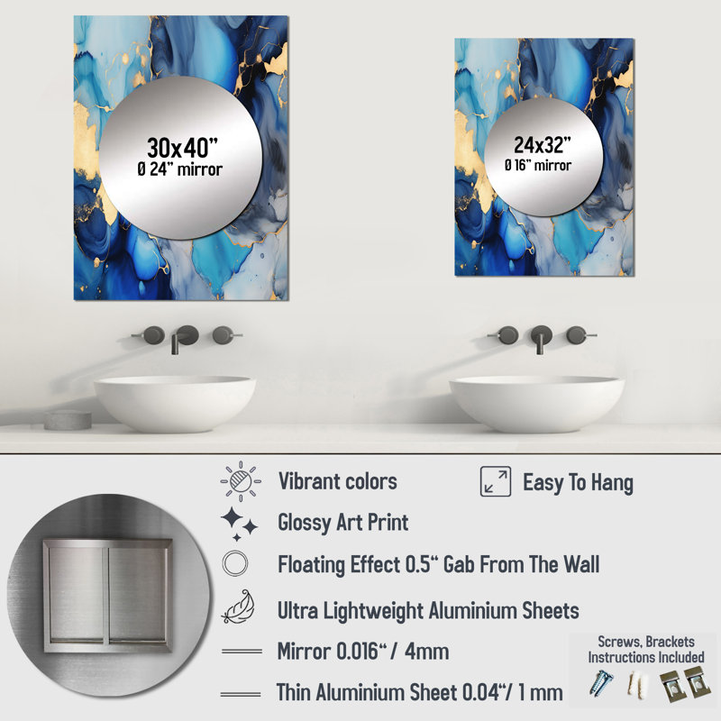 Savian Blue and Gold Luxury Abstract Fluid Art II - Fractals Large Mirror, Blue Unique Wall Mirror Decor, Printed Metal Art
