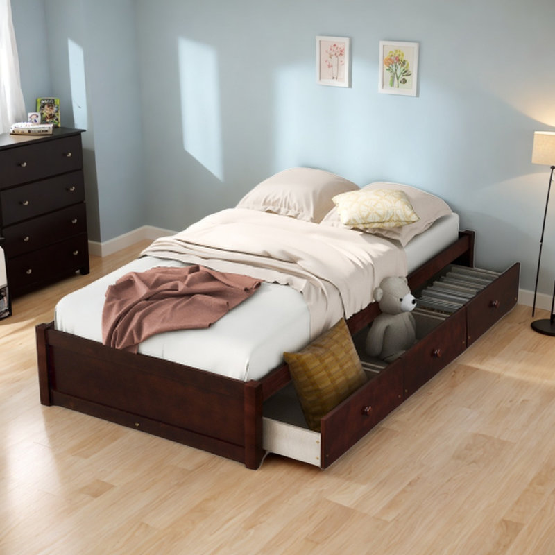 Ilah Twin Bed Platform Storage Bed Frame with 3 Drawers, Cherry
