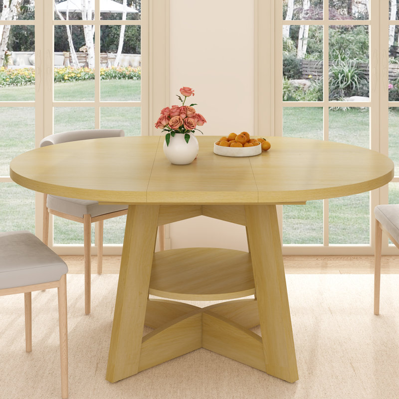 47"–63" Extendable Round Dining Table With Removable Leaf, Farmhouse Wooden Dining Table For 4–6 Seats, Space-Saving Expandable Table For Kitchen, Dining Area, Or Living Space