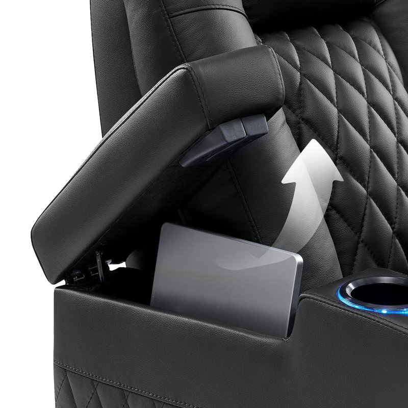 Siège de cinéma inclinable électrique en cuir véritable avec massage à gravité zéro avec éclairage ambiant à DEL de 7 couleurs, appui-tête réglable, charge USB et porte-gobelets