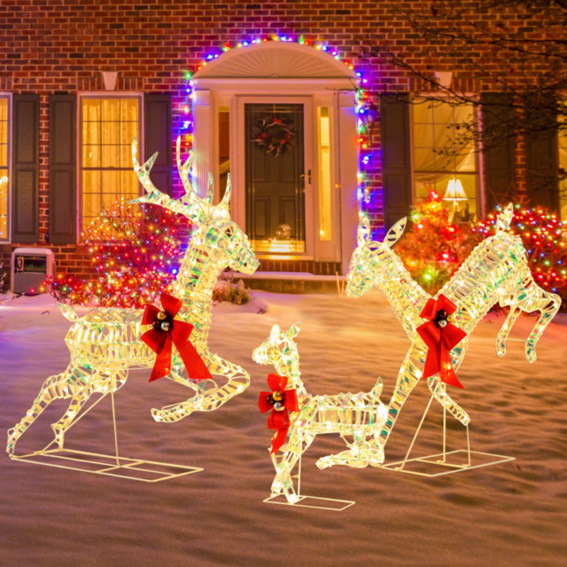 Warm White LED Lighted Reindeer Family Set with Red Bows