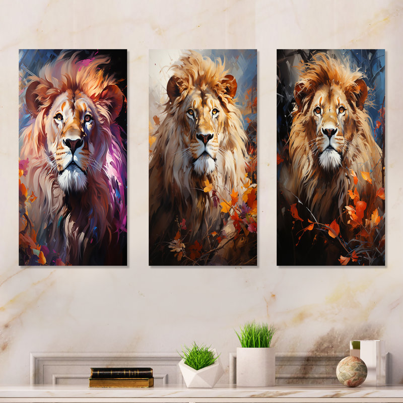 Lion Sun Kissed Mane Sovereign - Lion, ensemble de 3 impressions sur métal, H 28 po x l 36 po