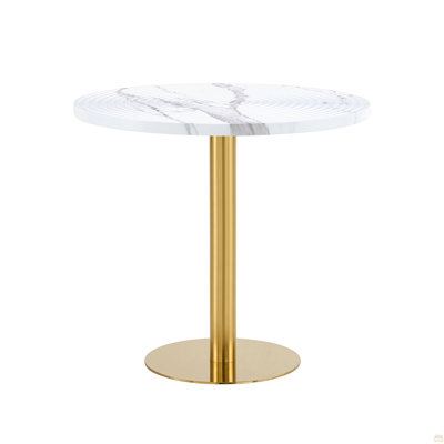 31.5 Inch Elegant White Marble Pattern Round Dining Table - Suction Molding Annular Texture, Durable And Water-Resistant.Suction Molding Process,Exquisite White Marble Pattern,Gold Metal Stand.