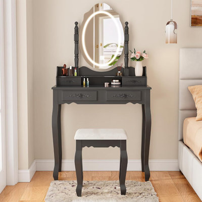 Modern Black Vanity Set Comes With A Lamp Mirror, Tri-Color Adjustable Lighting, Four Drawers, And A Padded Stool, Specially Designed For Bedroom Use.