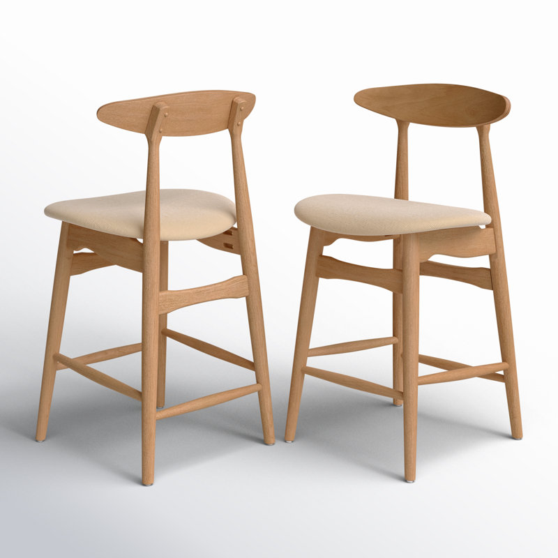 Upholstered Counter Stool, Oak, Beige Linen