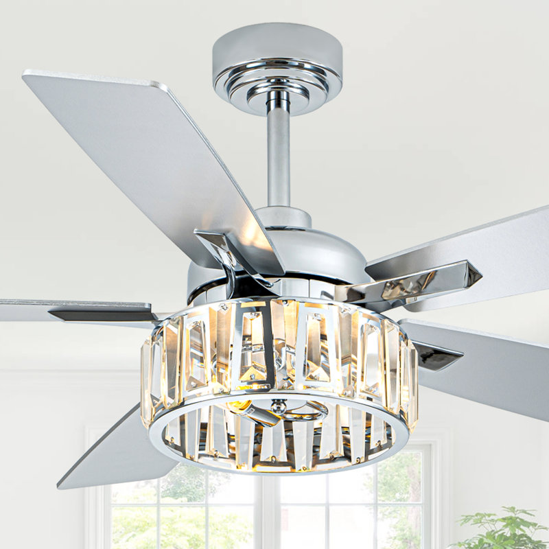 52 Inch Crystal Ceiling Fan With Light, Modern Quiet DC Motor Reversible Chandelier Ceiling Fan For Living Room
