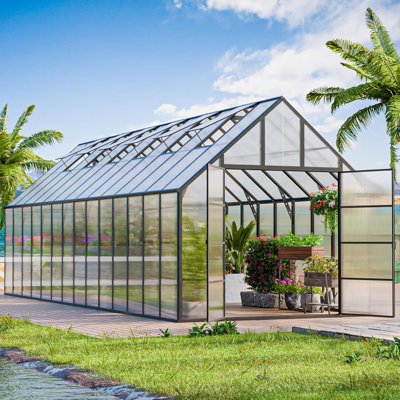 28X10 FT Walk-In Polycarbonate Greenhouse With Aluminum Frame, Lockable Door & Ventilation Window, Green House For Outdoors