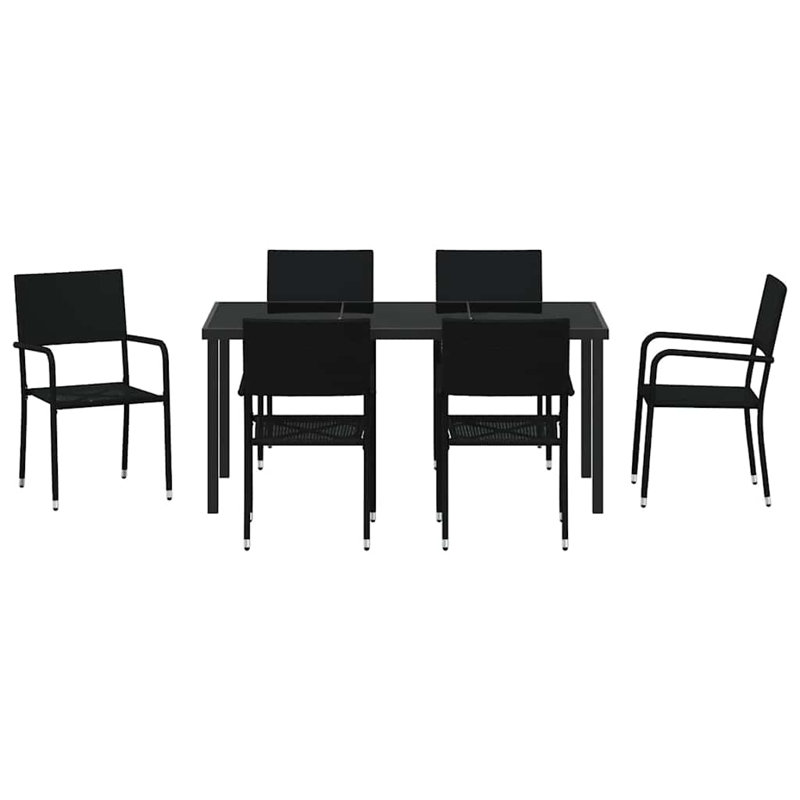  Ensemble de salle à manger de jardin avec coussin 7 pièces en rotin de polyester noir, 28.74" H x 62.99" W x 31.5" D, Black