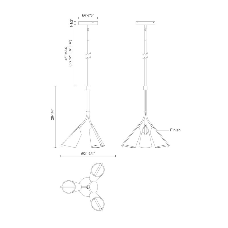 Mulberry 3 - Light LED Pendant, Brushed Gold/Light Guide
