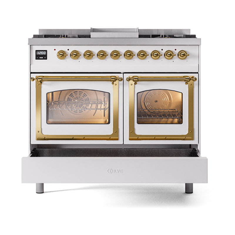 ILVE Nostalgie II Noblesse 40 in Dual Fuel Range, White/Brass, Natural Gas