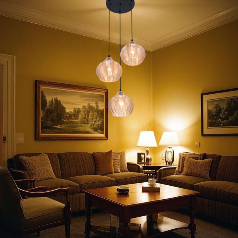 Lustre en verre à trois têtes de couleur ambre - longueur réglable / base E26 / interrupteur mural