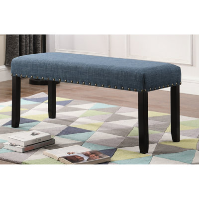 Banc de salle à manger avec tissu en lin et en coton bleu et garniture cloutée gracieuse - construction en bois massif, siège élégant, l 44 po x P 16,5 po H 19 po avec structure en bois franc captivant