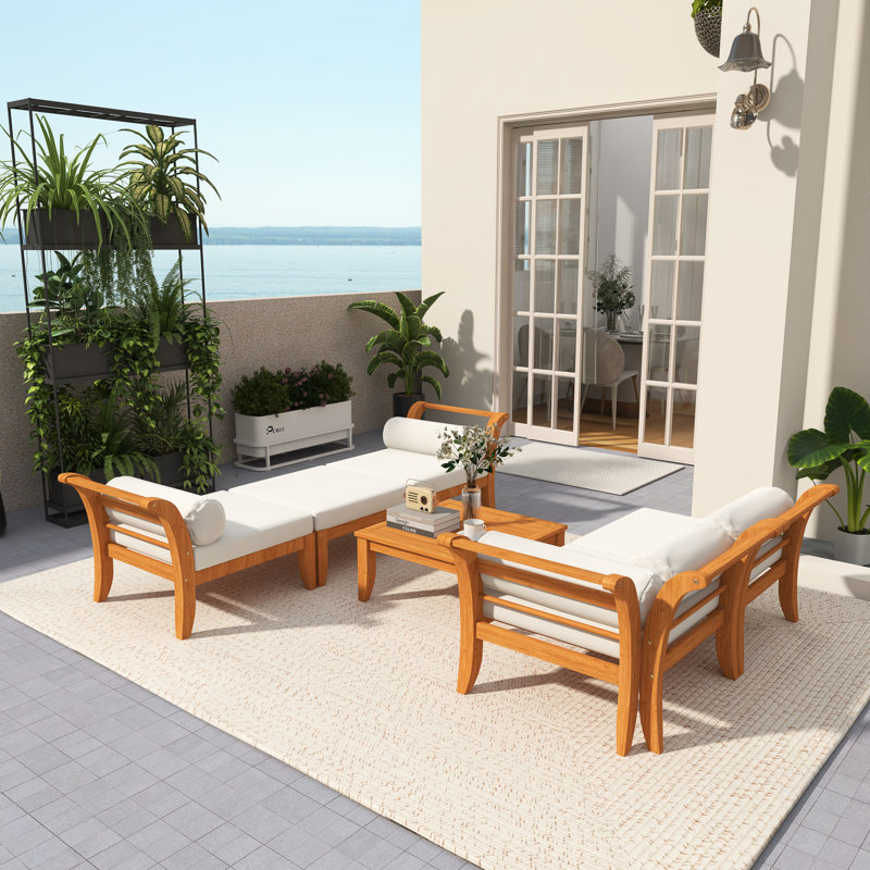 Ensemble de meubles de jardin 6 pièces, canapé modulaire en L en bois d'acacia avec lit de jour convertible, table de thé et repose-pieds