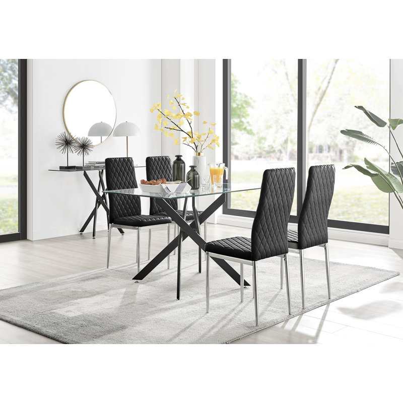 Lenworth Glass Rectangular Dining Table Set with 4 Quilted Velvet Dining Chairs, Black, Silver