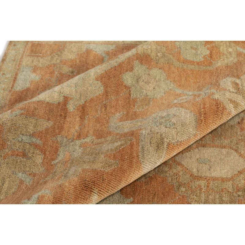 Rukesh II Hand Knotted Wool Floral Area Rug in Orange/Green, Rectangle 10' x 14'