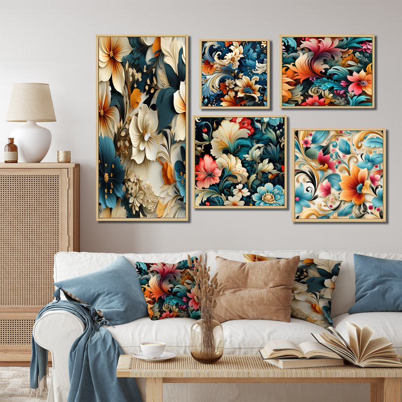 Ensemble de salon bleu et beige avec fleurs vives et beauté I - motif cachemire, Cadre flottant brun