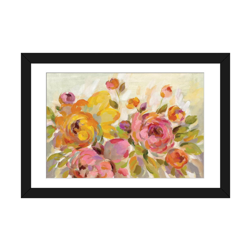 «Brushy Peony», reproduction d'aquarelle sur toile tendue, H 16 po x l 24 po x P 1 po, Papier d'art encadré noir, Blanc